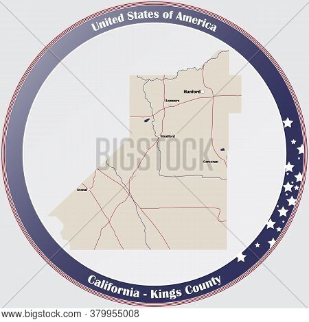 Round Button With Detailed Map Of Kings County In California, Usa.