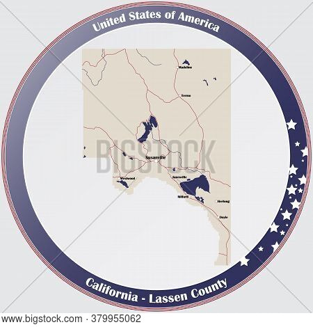 Round Button With Detailed Map Of Lassen County In California, Usa.