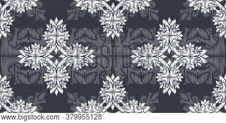 Uzbek Ikat Silk Fabric Pattern, Motif Ethnic Indigo Blue And White Colors. Tite Repit Pattern