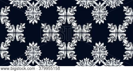 Uzbek Ikat Silk Fabric Pattern, Motif Ethnic Indigo Blue And White Colors. Tite Repit Pattern