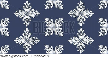 Uzbek Ikat Silk Fabric Pattern, Motif Ethnic Indigo Blue And White Colors. Tite Repit Pattern