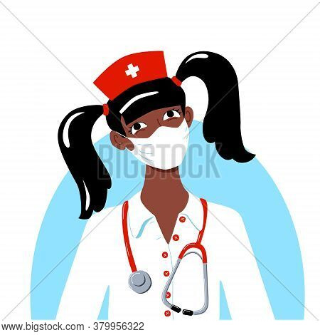 Avatar Dark Skinned Girl In A Nurse Costume For Carnival. Cap With A Cross Face Mask Robe And Stetho
