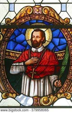 ZAGREB, CROATIA - FEBRUARY 23, 2012: St. Marko Krizin, a stained glass window at Holy Family Church in Zagreb, Croatia