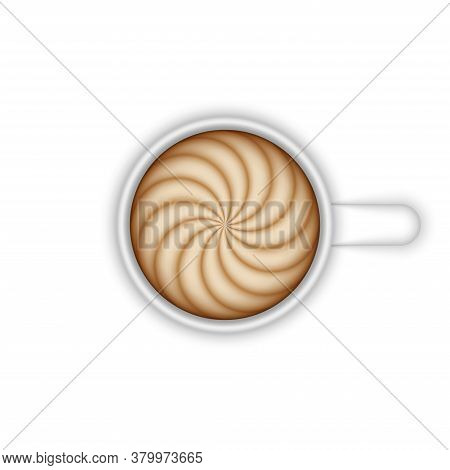 Ceramic Coffee Cup Latte Art Top View Realistic Vector 3d Model Isolated On White, Cappuccino With M