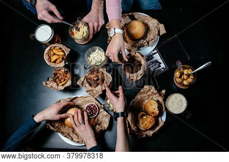 Great Menu For Beer Party With Friends. Burger, Sandwich, Salad, French Fries, Bread Croutons, Meat 
