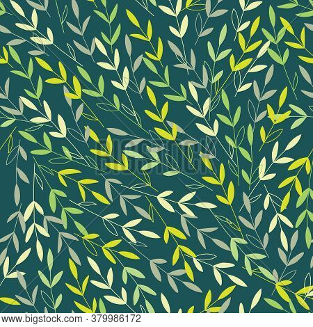 Vector Branches With Leaves In The Wind. Dark Green Background. Perfect For Wrapping Paper, Wallpape