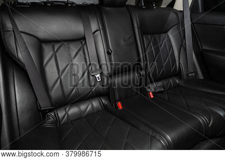 Novosibirsk/ Russia - August 01  2020: Infiniti Fx, Rear Seat For Passengers In Black Leather. Comfo