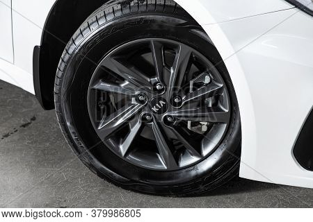 Novosibirsk/ Russia - August 01  2020: Kia Optima,car Wheel On White  Car - Close Up
