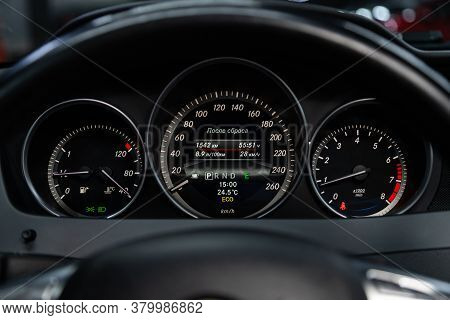 Novosibirsk/ Russia - August 01  2020: Mercedes-benz C-class, Dashboard Of The Car Is Illuminated By
