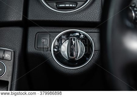 Novosibirsk/ Russia - August 01  2020: Mercedes-benz C-class, Close-up On The Headlight Switch Contr