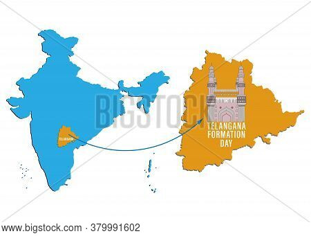 Vector Illustration Of Telangana Formation Day June 2nd With Map On Indian Map Showing Charminar
