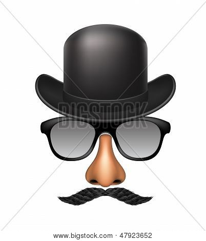 Funny mask made of glasses, mustache, nose and bowler hat