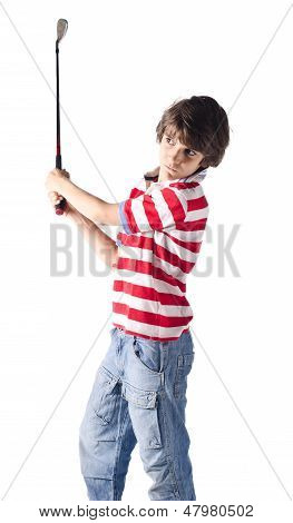 Bambino usando Golf Club in piedi sul bianco