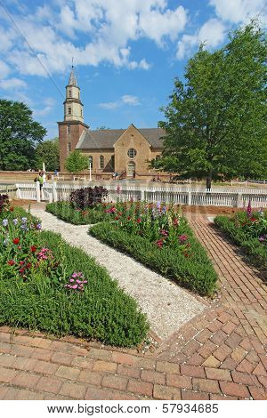 Gardens At Colonial Williamsburg In Front Of Bruton Parish Church