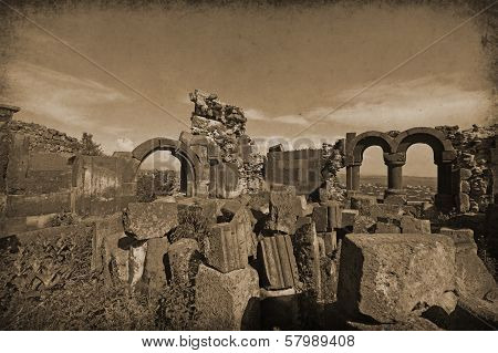 The ruins of an Armenian  medieval church in sepia