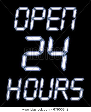 A Digital Open 24 Hours Sign With White Glow
