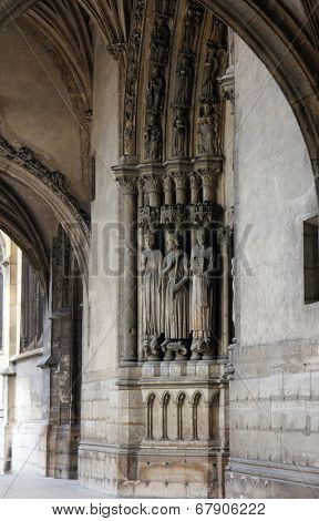 PARIS, FRANCE - NOV 11, 2012: Medieval Gothic statues, Church of St-Germain-l'Auxerrois founded in the 7th century, was rebuilt many times over several centuries.