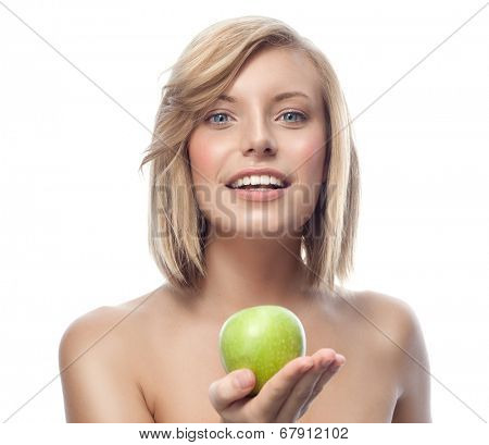 portrait of attractive  caucasian smiling woman blond isolated on white studio shot eating green apple
