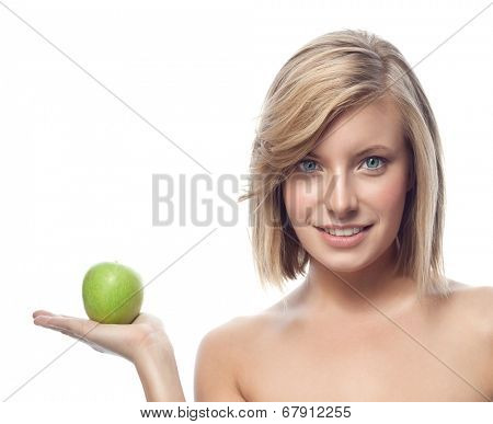 portrait of attractive  caucasian smiling woman blond isolated on white studio shot eating green apple