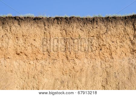 Cut of soil with different layers, grass and sky