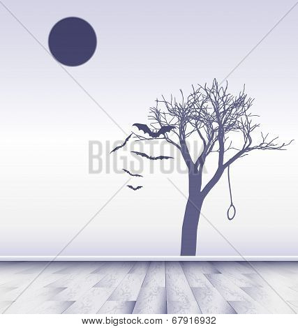 white room with image of sad moon