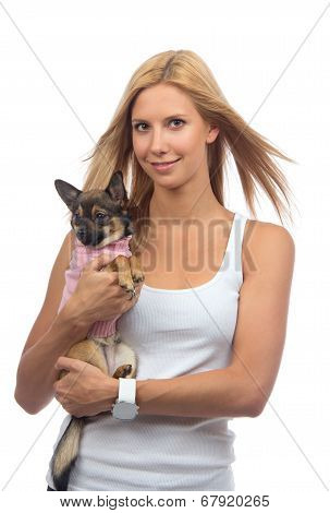 Happy Woman Hold In Hands Small Chihuahua Dog Or Puppy