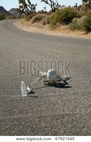 A lost hiker dies of thirst on a deserted desert road inches away from a bottle of water.  Dark Humor Series. 