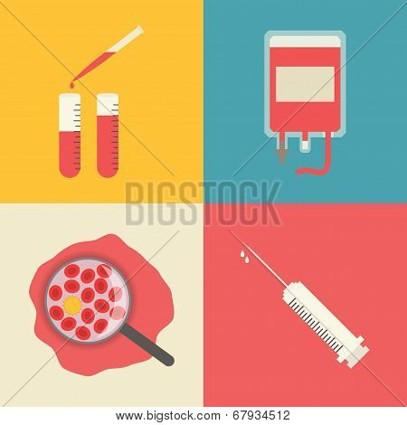 Medical icons set. Blood transfusion, test tubes, blood chemical composition and syringe.