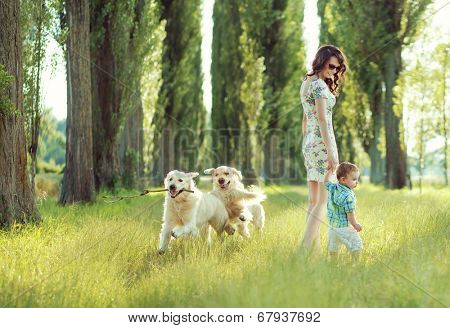 Young mother with toddler and dog 