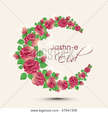 Beautiful red roses and green leaves decorated crescent moon on beige background for Muslim community festival Jashn-e-Eid celebrations. 