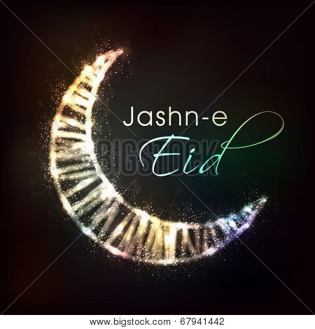 Shiny crescent moon on black background for the occasion of Muslim community festival Jashn-e-Eid celebrations.