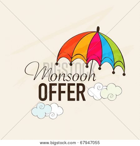 Monsoon offer banner design with colorful umbrella and clouds on beige background. 
