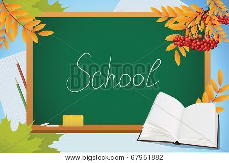 School Autumn Background With Blackboard, Book And Yellow Leves, Vector