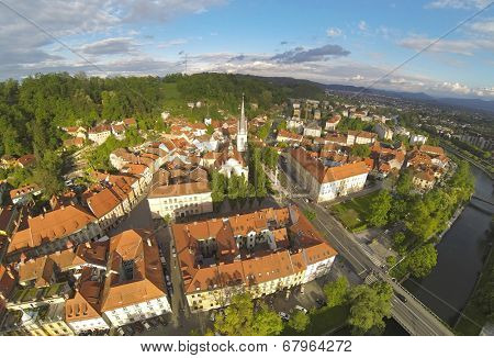 Areal photo of Ljubljana, capital of Slovenia. View from above on the historic centre of the city.