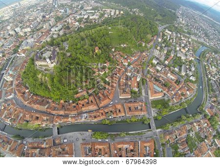 Areal photo of Ljubljana, capital of Slovenia. View from above on the historic centre of the city.