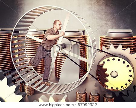 man run in a huge hamster wheel to produce power