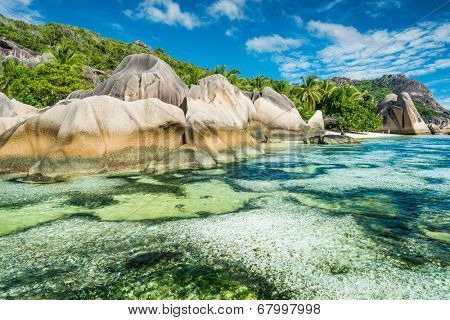 Anse Sous d'Argent beach with granite boulders and turquoise sea