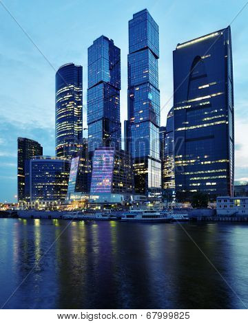 MOSCOW, RUSSIA - JUNE 30, 2014: Moscow international business center Moscow City in evening. The construction started in 1995, costs for the present about $12 billions, and have to be finished in 2017