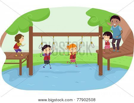 Illustration of Kids Competing in an Obstacle Race in a Park