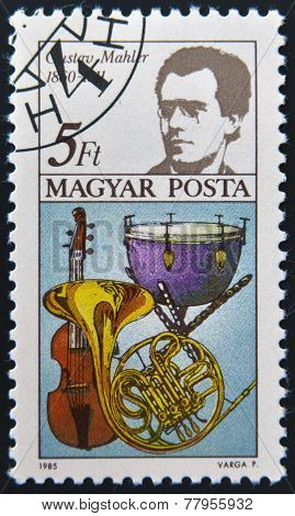 HUNGARY - CIRCA 1985: stamp printed in Hungary shows Gustav Mahler pardessus de viole kettle drum