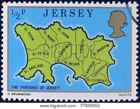 JERSEY - CIRCA 1976: A stamp printed in Jersey shows map of the parishes of Jersey circa 1976