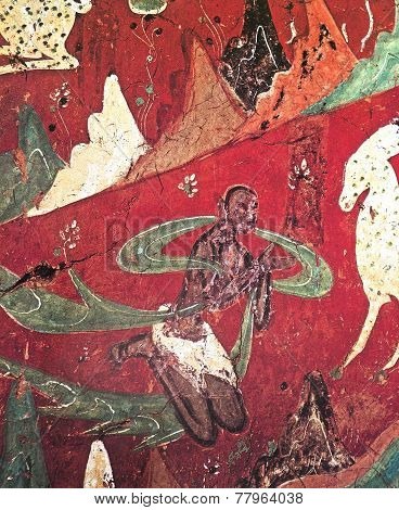 fresco of white deer on a red background, cave Dunhuang, Gansu Province, China