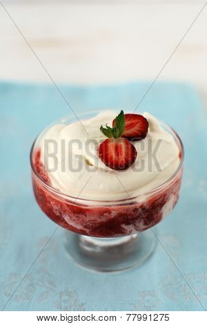 Strawberry With Cream In A Glass Vase