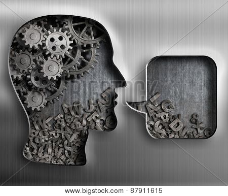 Metal head with brain gears and speech bubble