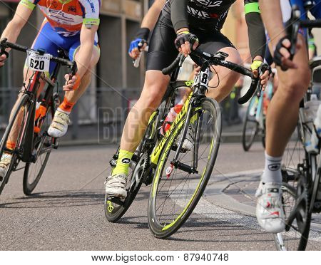 Vicenza, Vi, Italy - April 12, 2015: Cyclists Run On Racing Bikes During Cycle Road Race