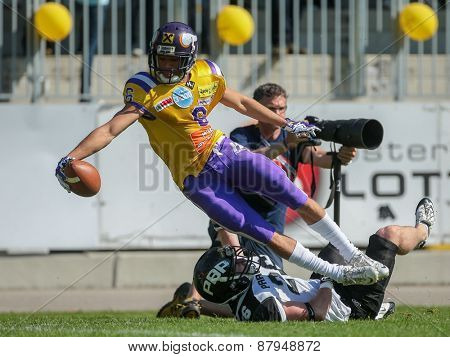 VIENNA, AUSTRIA - APRIL 27, 2014: WR Laurinho Walch (#6 Vikings) scores a touchdown.