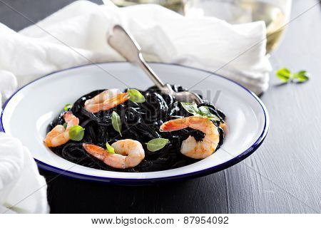 Squid ink homemade pasta with shrimp