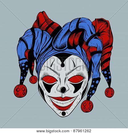 Illustration of evil clown in colored cap.