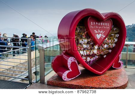 Love messages in red heart at Victoria Peak in Hong Kong