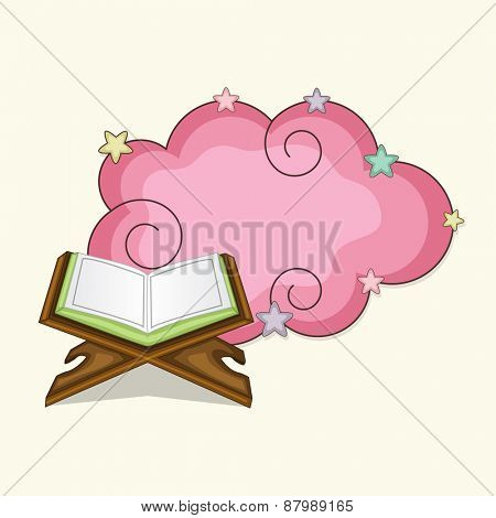 Open islamic holy book Quran Shareef with a pink blank frame for muslim community festival, Ramadan Kareem celebration.